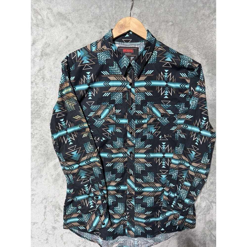 Rock and Roll Denim Shirt Mens‎ Sz L Blue Aztec Pearl Snap Western Long Sleeve